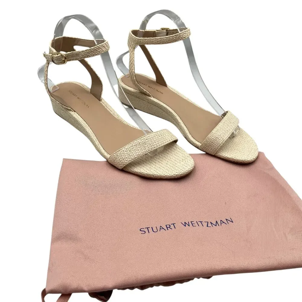Stuart Weitzman Woven Raffia Ankle Strap Low Wedge Sandals Beige Size 8 - Picture 5 of 7